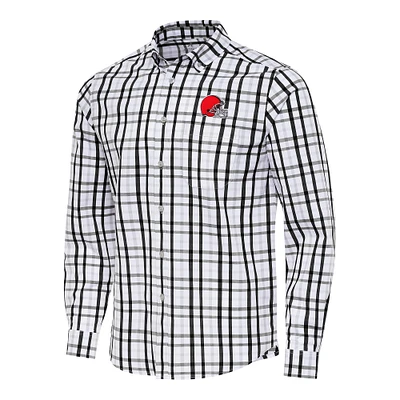 Men's Antigua Black/Gray Cleveland Browns Tending Woven Tri-Blend Long Sleeve Button-Down Shirt