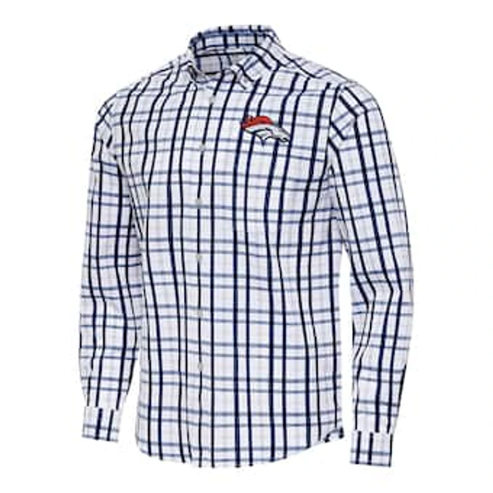 Men's Antigua Navy/Gray Denver Broncos Tending Woven Tri-Blend Long Sleeve Button-Down Shirt