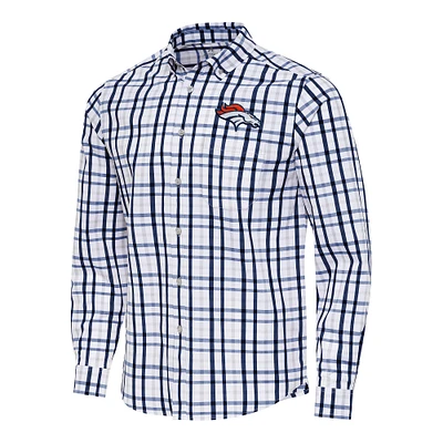 Men's Antigua Navy/Gray Denver Broncos Tending Woven Tri-Blend Long Sleeve Button-Down Shirt