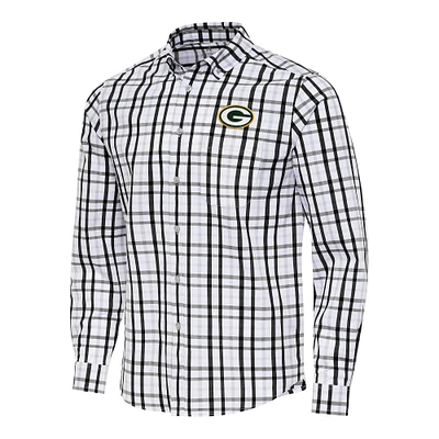 Men's Antigua Black/Gray Green Bay Packers Tending Woven Tri-Blend Long Sleeve Button-Down Shirt