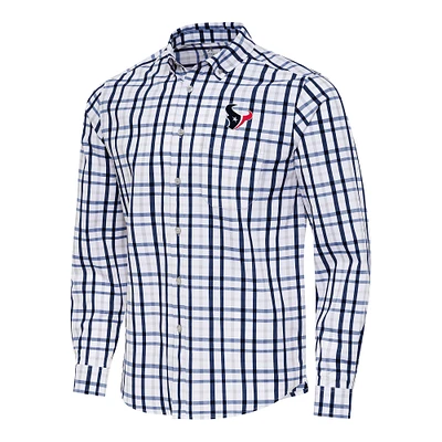 Men's Antigua Navy/Gray Houston Texans Tending Woven Tri-Blend Long Sleeve Button-Down Shirt