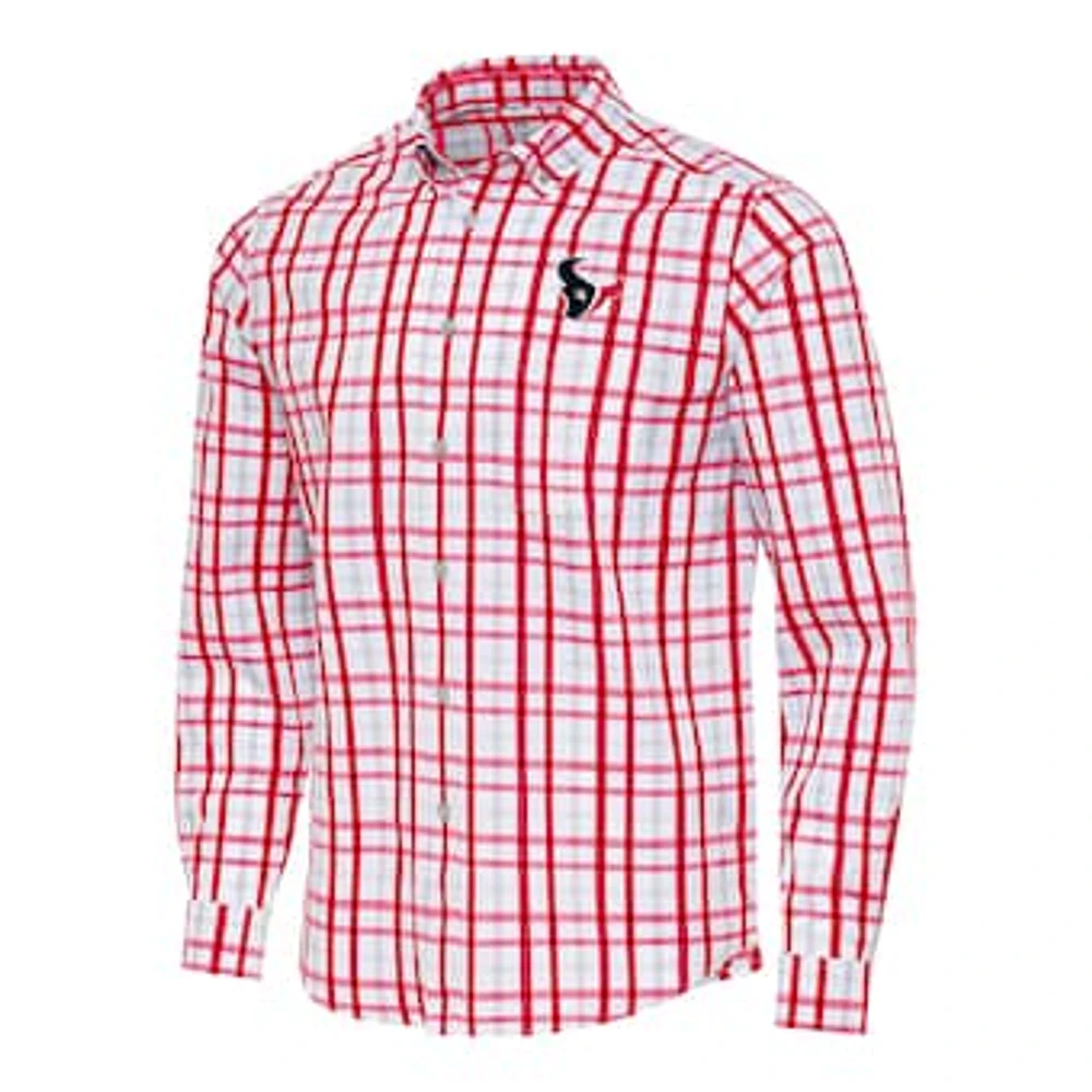 Men's Antigua Red/Gray Houston Texans Tending Woven Tri-Blend Long Sleeve Button-Down Shirt