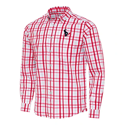 Men's Antigua Red/Gray Houston Texans Tending Woven Tri-Blend Long Sleeve Button-Down Shirt