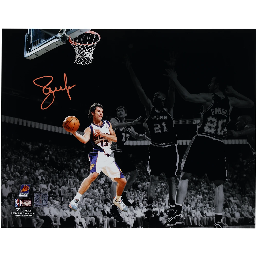 Steve Nash Phoenix Suns Autographed 11" x 14" Passing vs. San Antonio Spurs Spotlight Photograph - Signed in Orange Ink