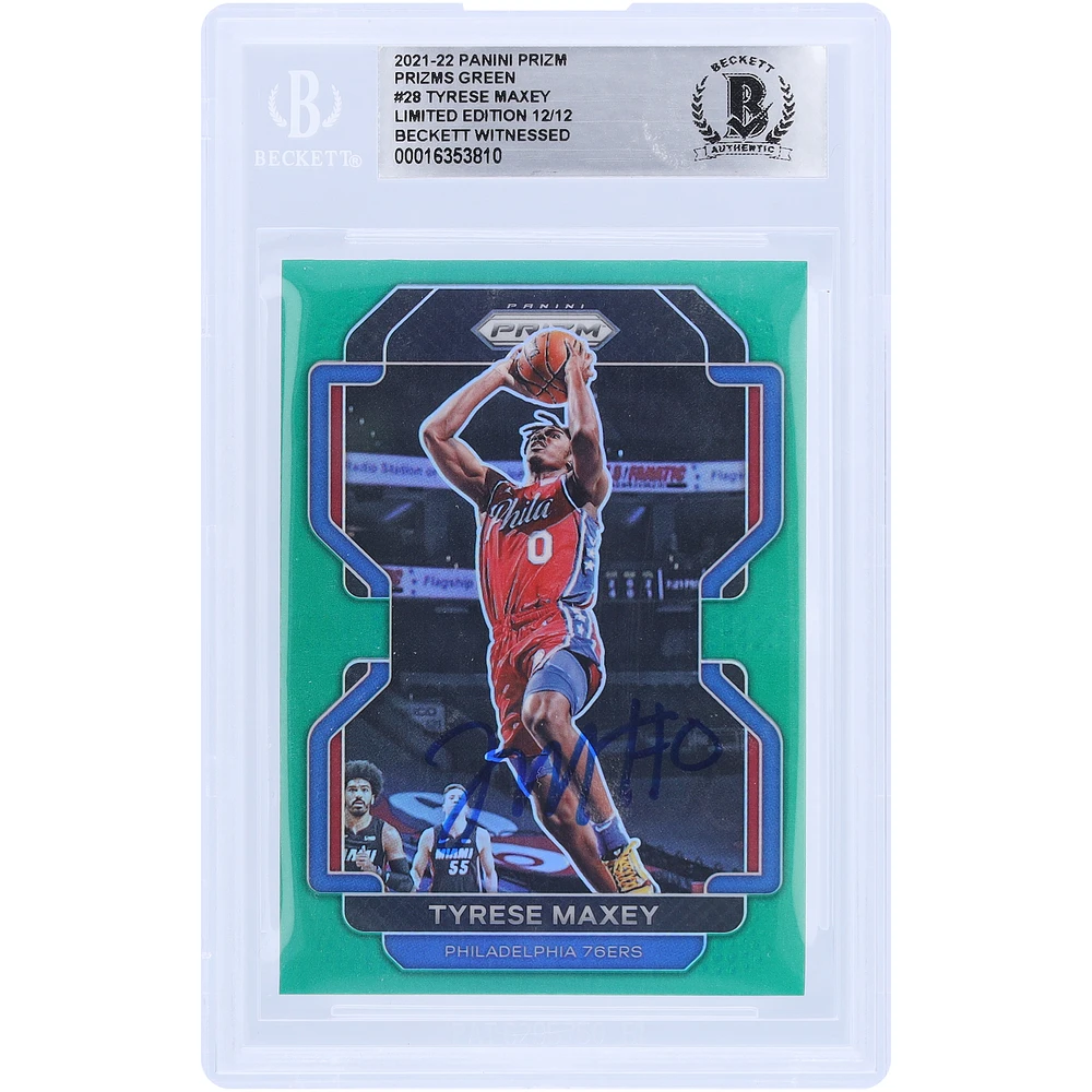 Limited Edition of 12: Tyrese Maxey Philadelphia 76ers Autographed 2021-22 Panini Prizm Green Prizms Beckett Fanatics Witnessed Authenticated Card
