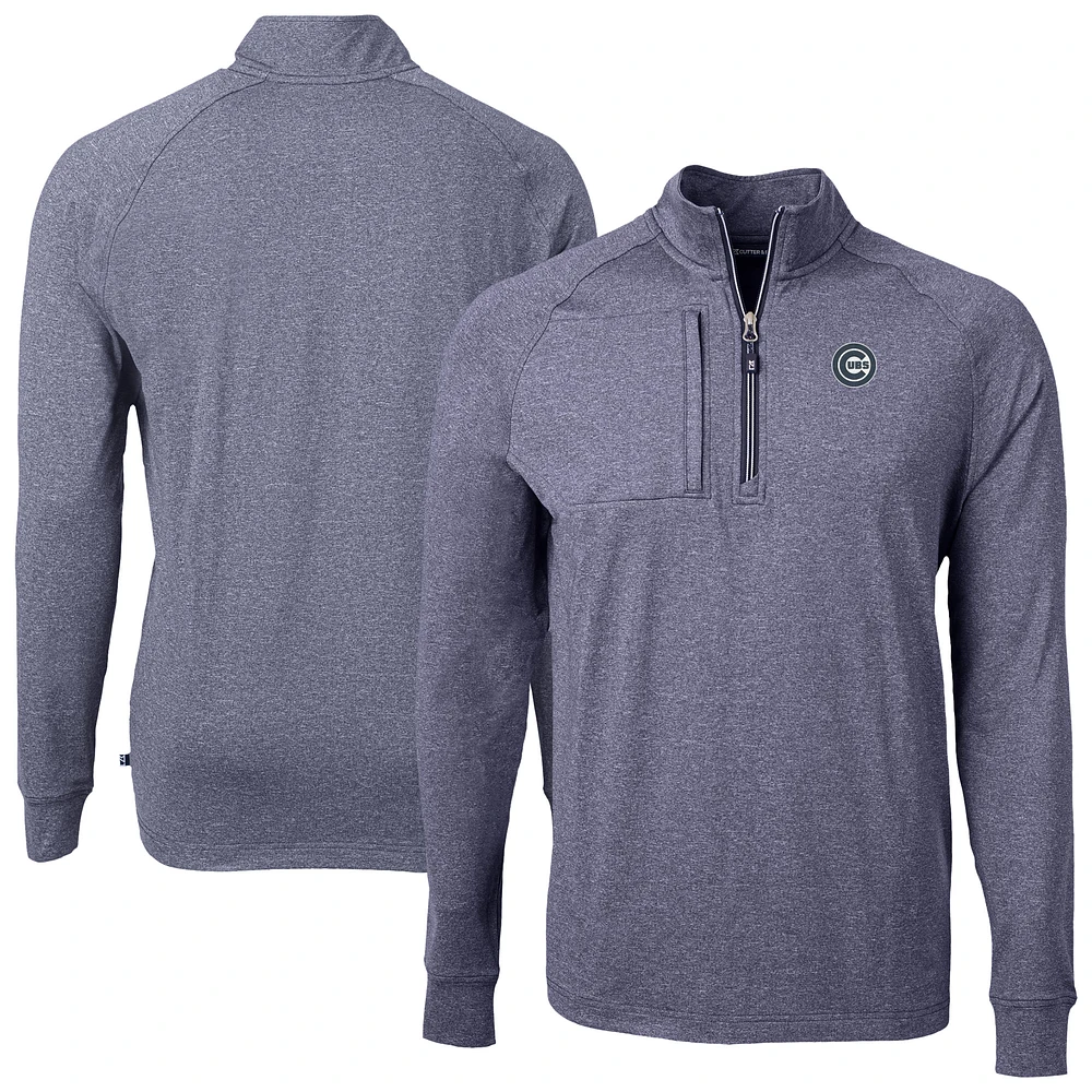 Men's Cutter & Buck Heather Navy Chicago Cubs Adapt Eco Raglan Quarter-Zip Jacket