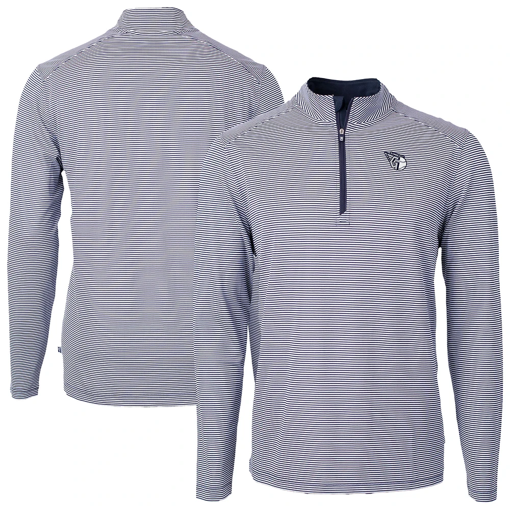 Men's Cutter & Buck Navy Cleveland Guardians Virtue Eco Pique Micro Stripe Quarter-Zip Jacket
