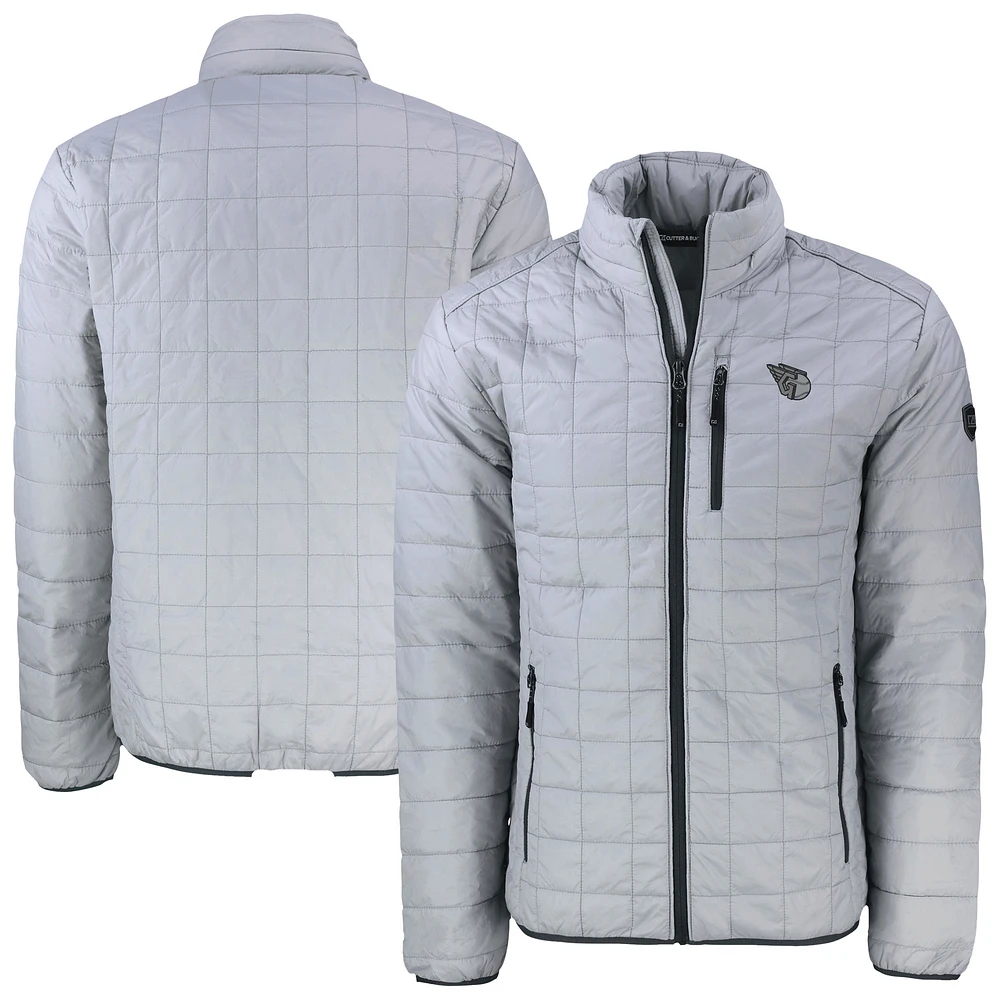 Men's Cutter & Buck Gray Cleveland Guardians Rainier PrimaLoft® Eco Insulated Full-Zip Hoodie Puffer Jacket