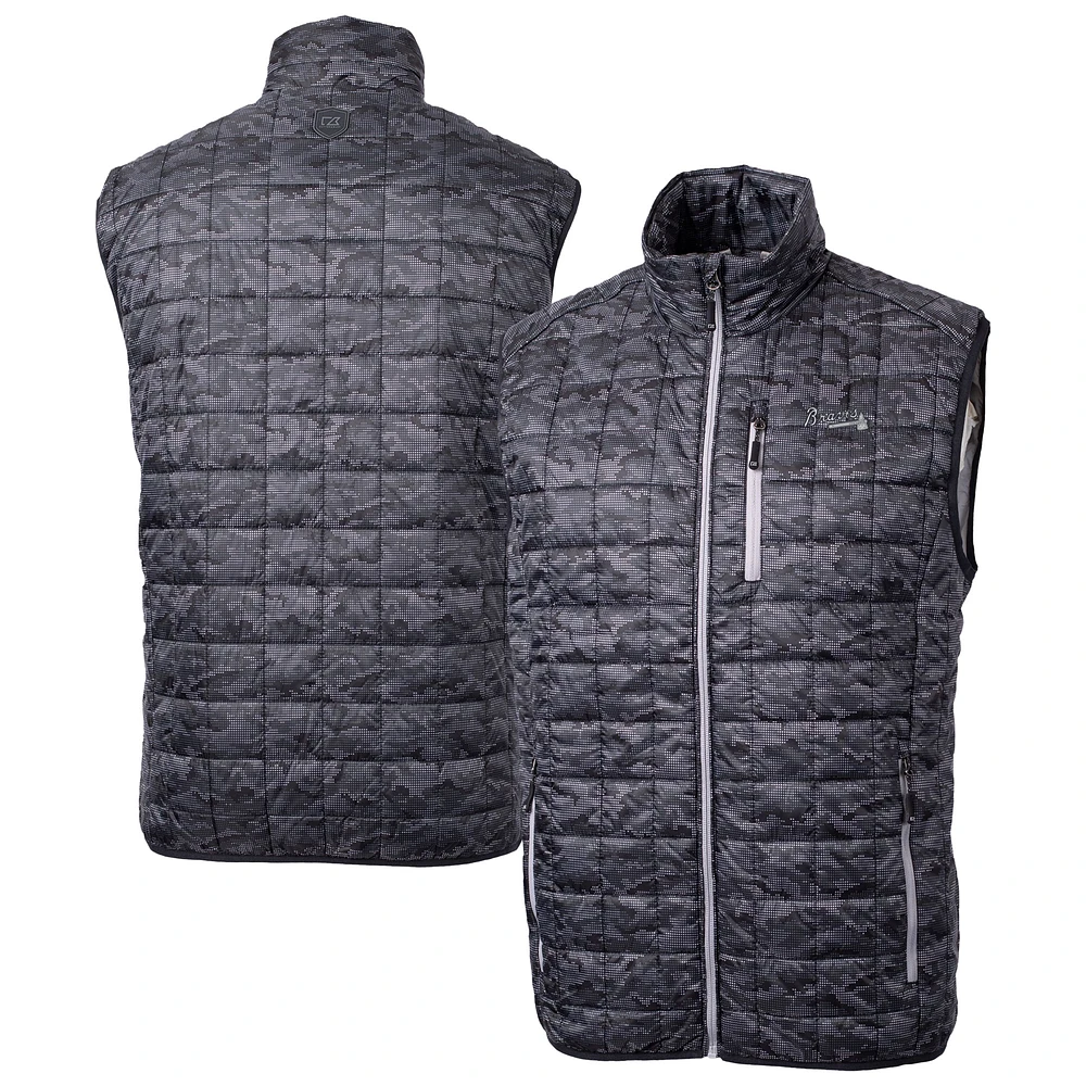 Men's Cutter & Buck Black Atlanta Braves Rainier PrimaLoft® Eco Insulated Full-Zip Printed Puffer Vest