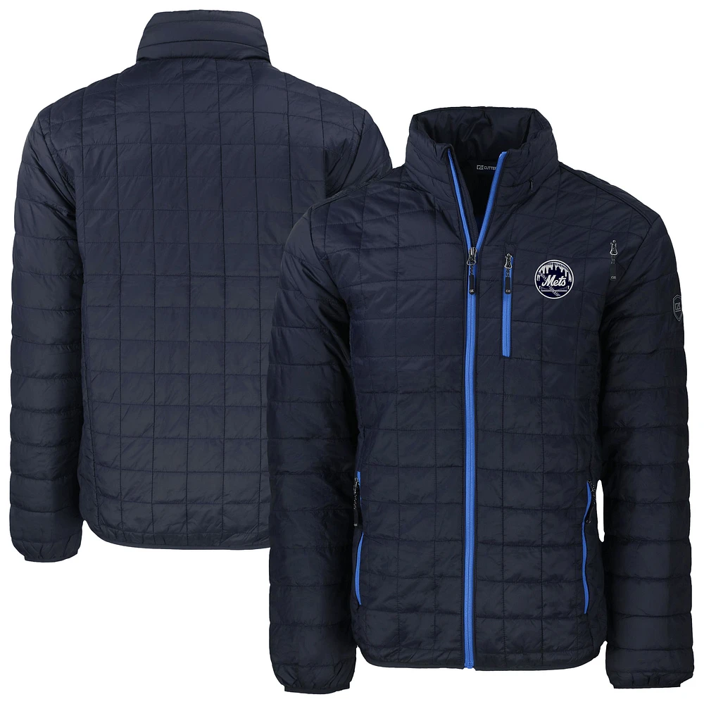 Men's Cutter & Buck Navy New York Mets Rainier PrimaLoft® Eco Insulated Full-Zip Hoodie Puffer Jacket