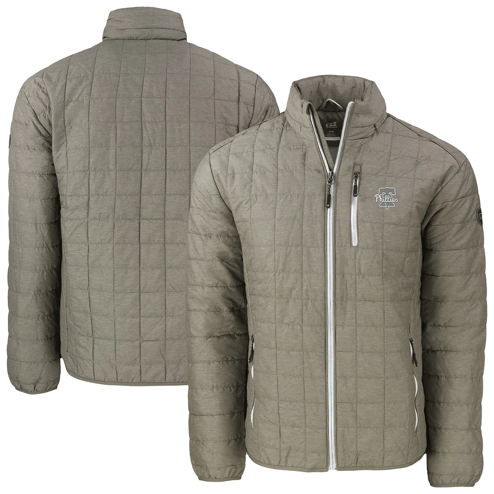 Men's Cutter & Buck Pewter Philadelphia Phillies Rainier PrimaLoft® Eco Insulated Full-Zip Hoodie Puffer Jacket