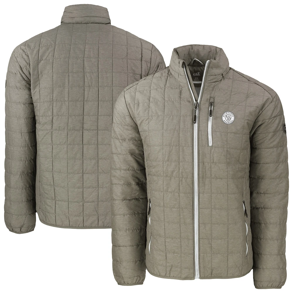 Men's Cutter & Buck Pewter Milwaukee Brewers Rainier PrimaLoft® Eco Insulated Full-Zip Hoodie Puffer Jacket