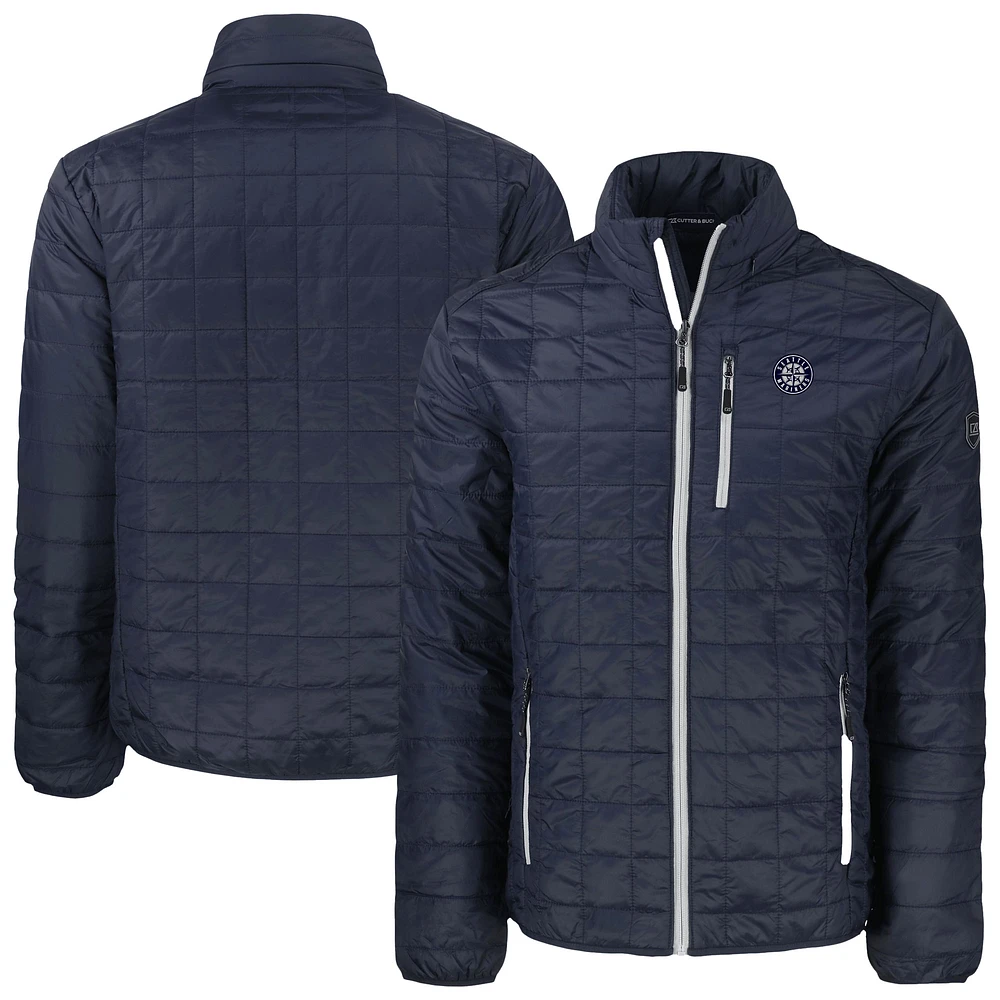 Men's Cutter & Buck Navy Seattle Mariners Rainier PrimaLoft® Eco Insulated Full-Zip Hoodie Puffer Jacket