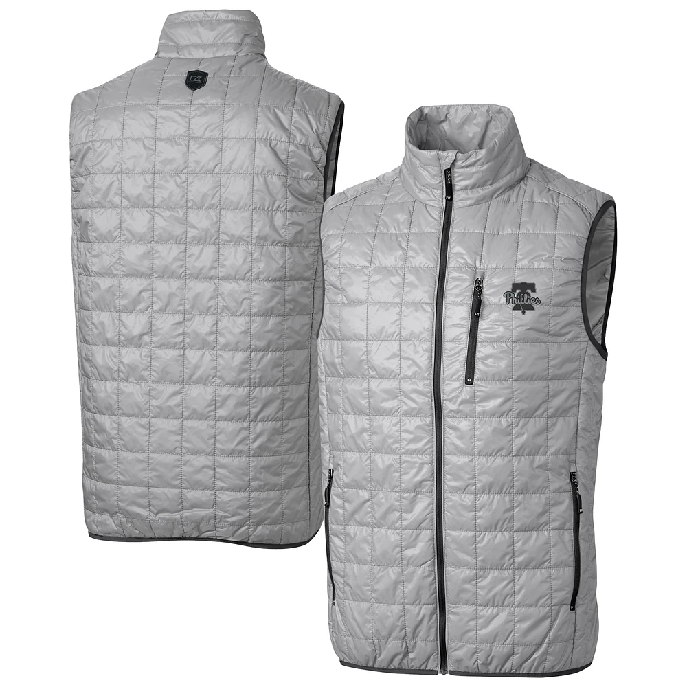Men's Cutter & Buck Gray Philadelphia Phillies Rainier PrimaLoft® Eco Insulated Full-Zip Puffer Vest