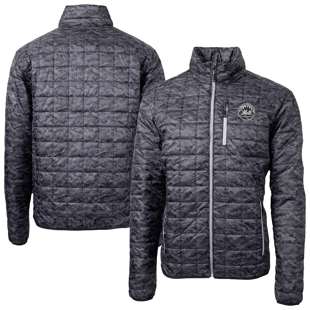 Men's Cutter & Buck Black New York Mets Rainier PrimaLoft Eco Insulated Full-Zip Printed Puffer Jacket