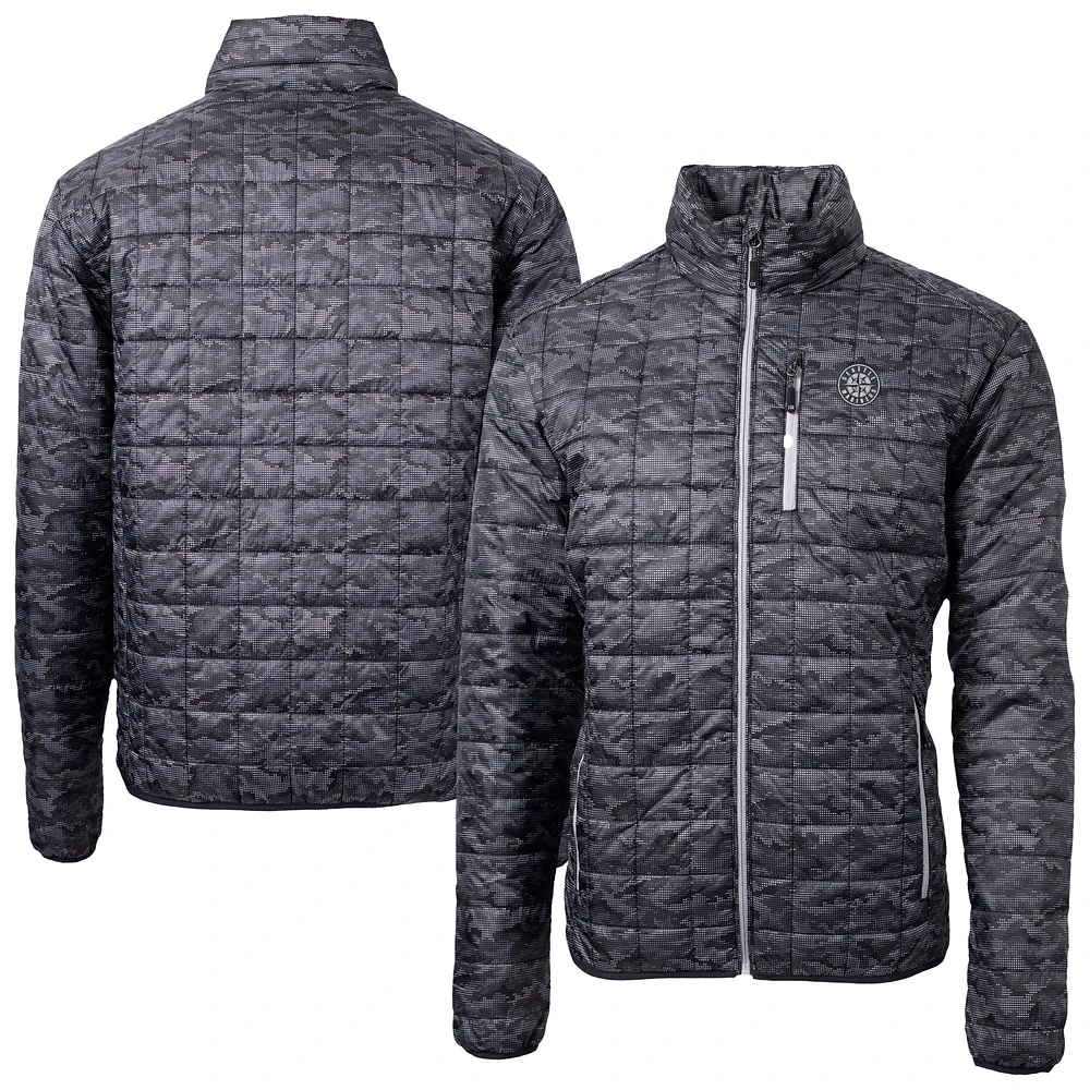 Men's Cutter & Buck Black Seattle Mariners Rainier PrimaLoft Eco Insulated Full-Zip Printed Puffer Jacket