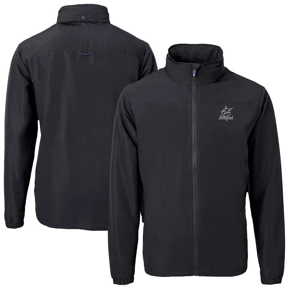 Men's Cutter & Buck Black Miami Marlins Charter Eco Recycled Full-Zip Hoodie Jacket