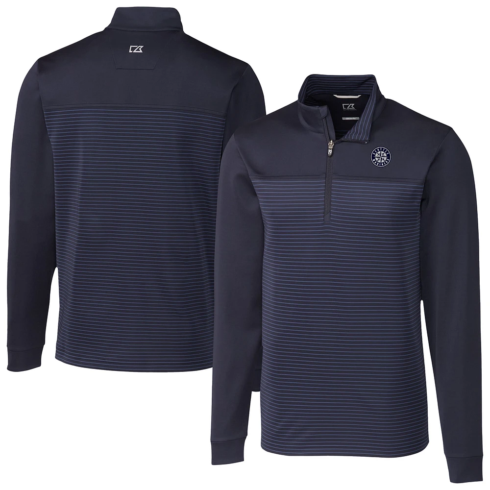 Men's Cutter & Buck Navy Seattle Mariners Traverse Eco Stripe Tri-Blend DryTec Quarter-Zip Jacket