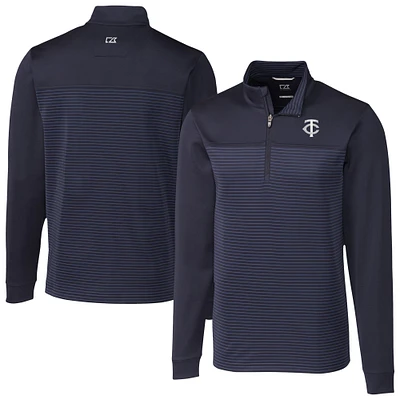 Men's Cutter & Buck Navy Minnesota Twins Traverse Eco Stripe Tri-Blend DryTec Quarter-Zip Jacket