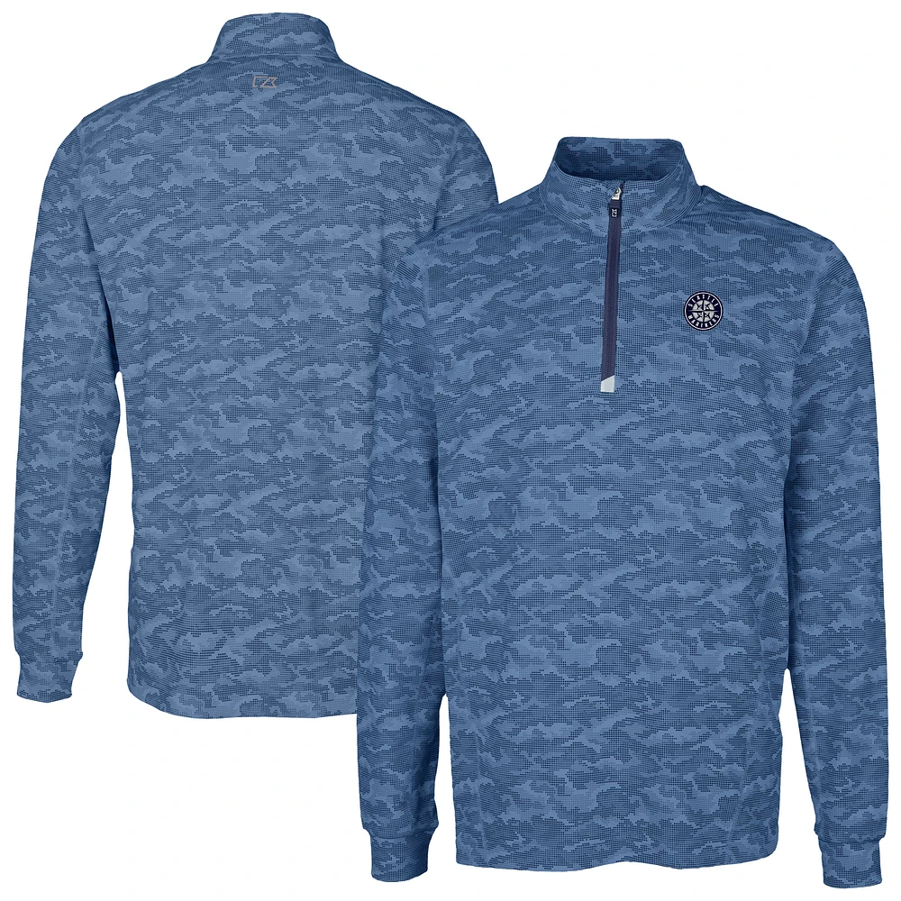 Men's Cutter & Buck Navy Seattle Mariners Traverse Eco Camo Tri-Blend DryTec Quarter-Zip Top