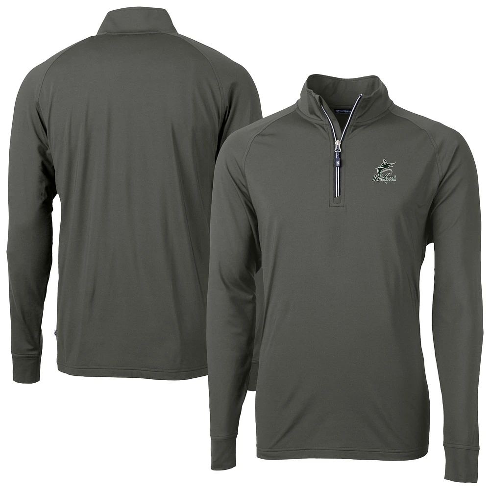 Men's Cutter & Buck Olive Miami Marlins Adapt Eco Raglan Quarter-Zip Jacket