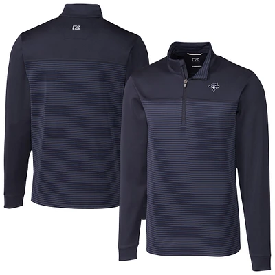 Men's Cutter & Buck Navy Toronto Blue Jays Traverse Eco Stripe Tri-Blend DryTec Quarter-Zip Jacket
