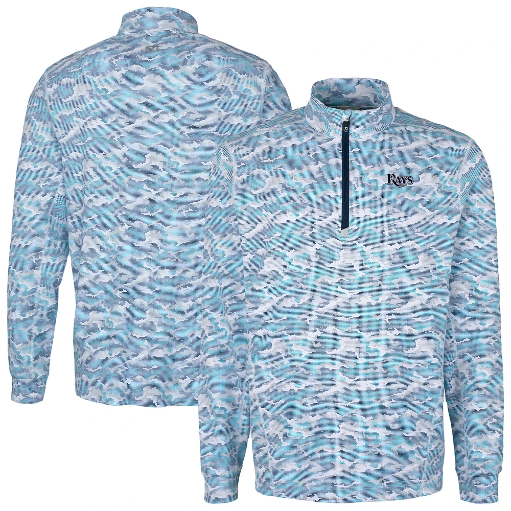 Men's Cutter & Buck Light Blue Tampa Bay Rays Traverse Eco Camo Tri-Blend DryTec Quarter-Zip Top