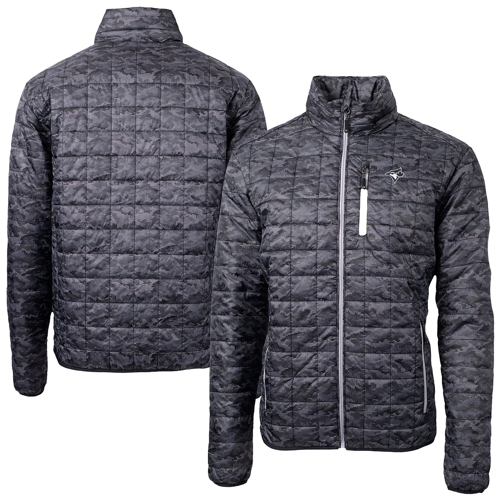 Men's Cutter & Buck Black Toronto Blue Jays Rainier PrimaLoft® Eco Insulated Printed Full-Zip Hoodie Puffer Jacket