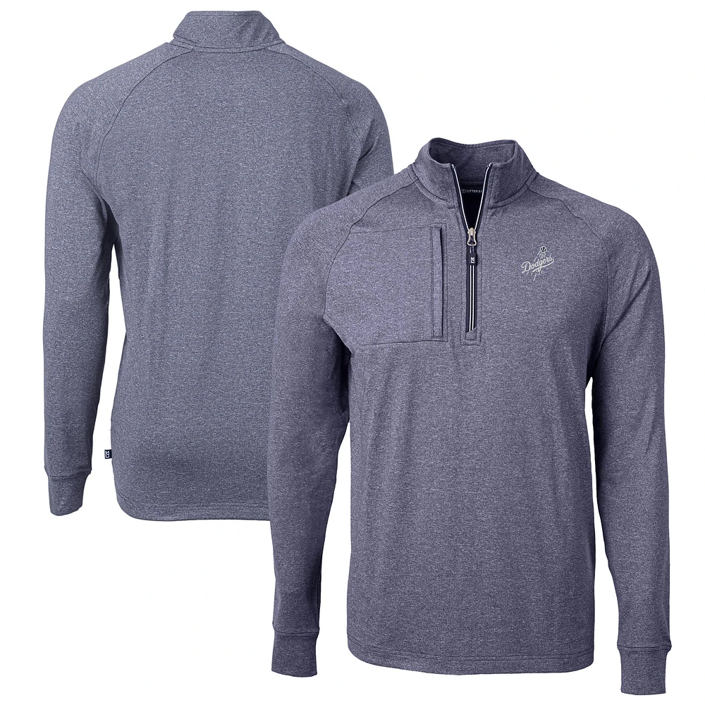 Men's Cutter & Buck Heather Navy Los Angeles Dodgers Big Tall Adapt Eco Raglan Quarter-Zip Jacket