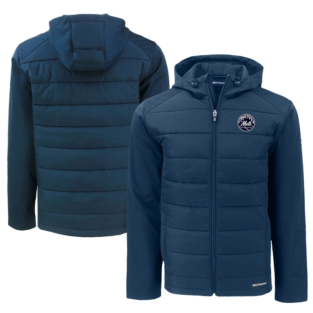 Men's Cutter & Buck Navy New York Mets Big Tall Evoke Hybrid Eco Softshell Recycled Full-Zip Hooded PrimaLoft Jacket