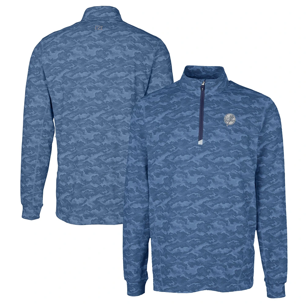 Men's Cutter & Buck Navy New York Yankees Big Tall Traverse Stretch Camo Print Eco DryTec Quarter-Zip Top