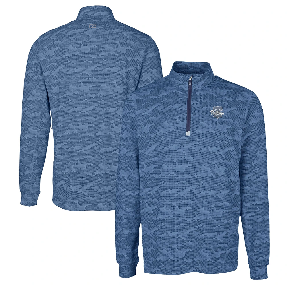 Men's Cutter & Buck Navy Philadelphia Phillies Big Tall Traverse Stretch Camo Print Eco DryTec Quarter-Zip Top