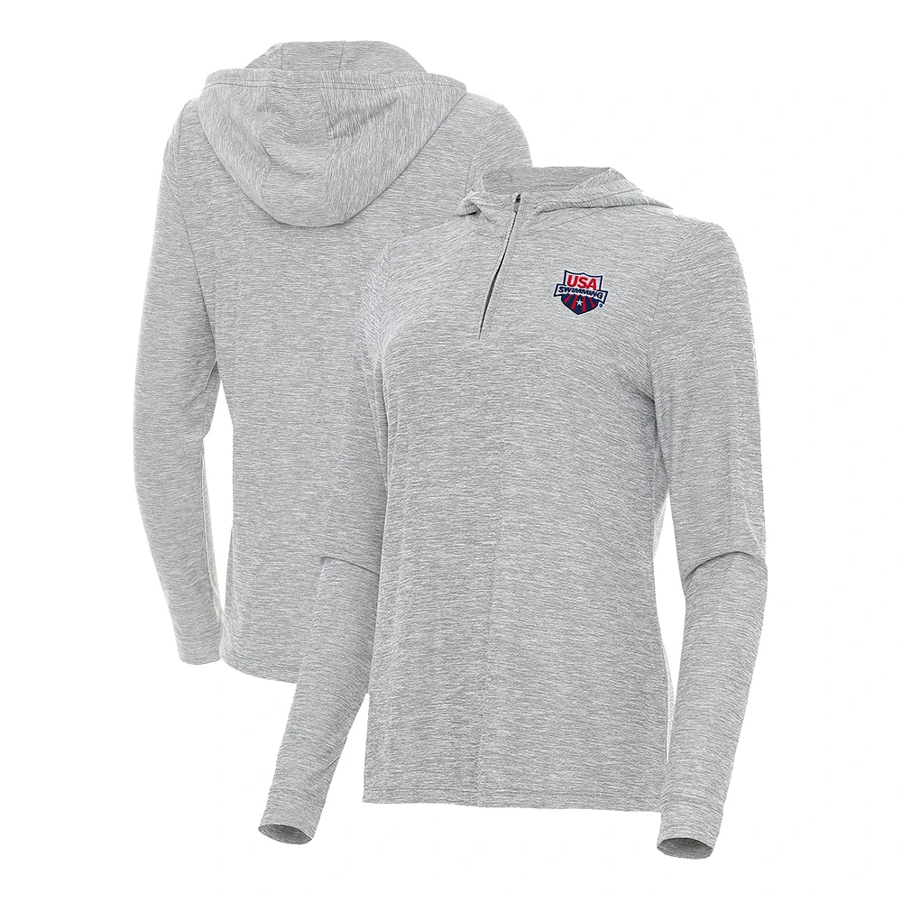 Women's Antigua Heather Gray USA Swimming Daybreak Quarter-Zip Pullover Hoodie