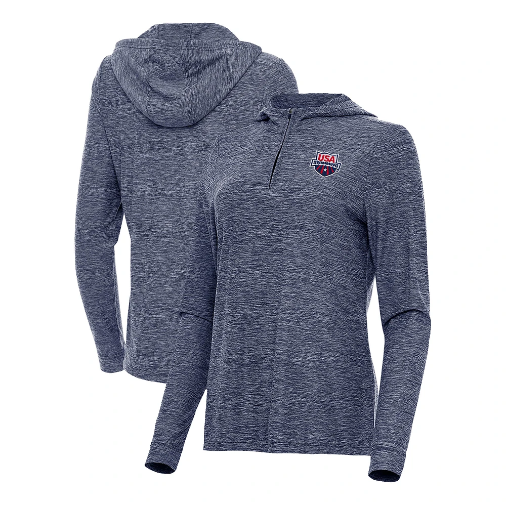 Women's Antigua Heather Navy USA Swimming Daybreak Quarter-Zip Pullover Hoodie