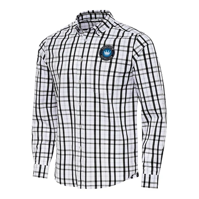 Men's Antigua Black/Gray Charlotte FC Tending 2 Tri-Blend Long Sleeve Button-Down Shirt