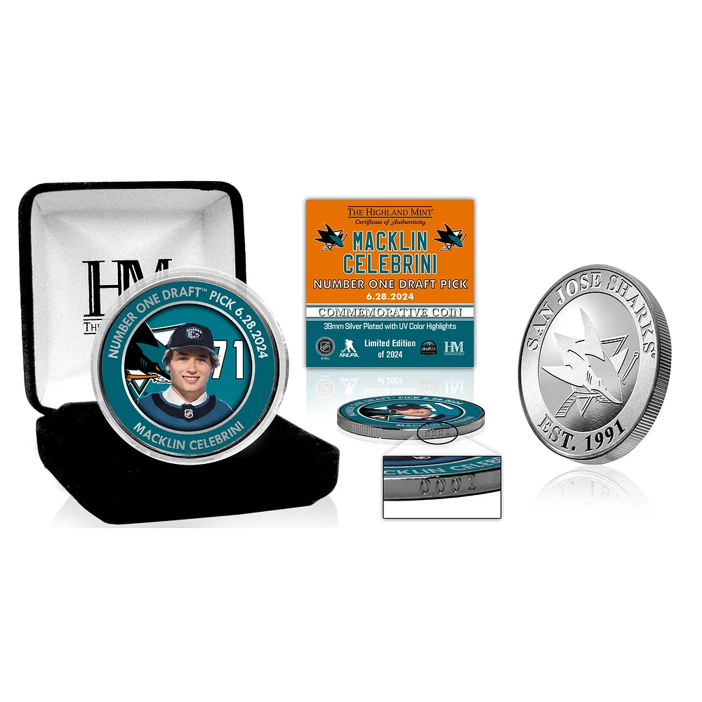 Highland Mint Macklin Celebrini San Jose Sharks 2024 NHL Draft First Pick Silver Color Coin