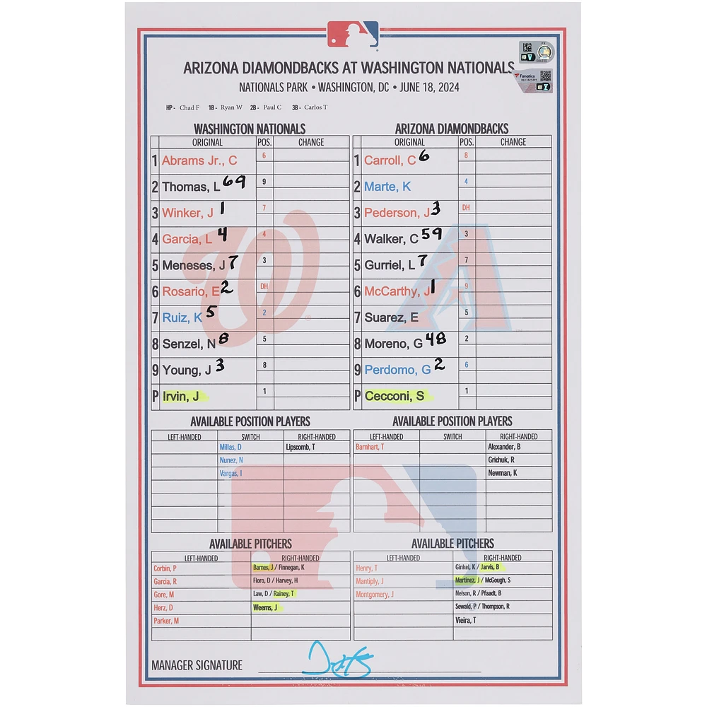 Washington Nationals Game-Used Lineup Card vs. Arizona Diamondbacks on June 18, 2024