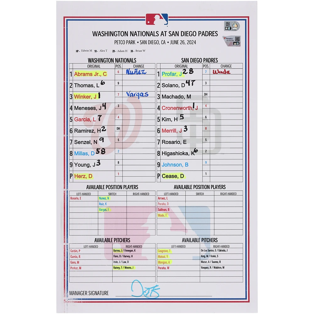 Washington Nationals Game-Used Lineup Card vs. San Diego Padres on June 26, 2024