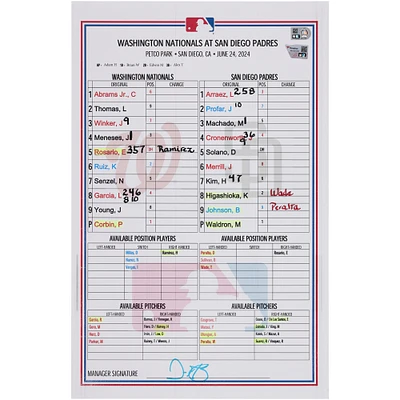 Washington Nationals Game-Used Lineup Card vs. San Diego Padres on June 24, 2024