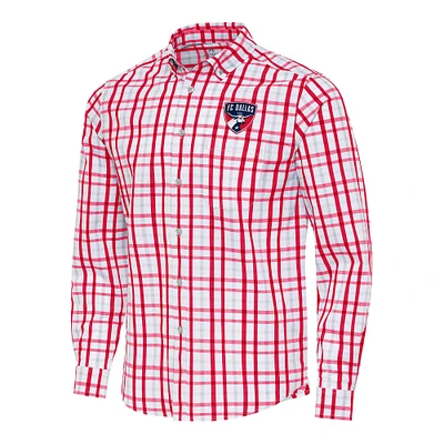 Men's Antigua Red/Gray FC Dallas Tending 2 Tri-Blend Long Sleeve Button-Down Shirt