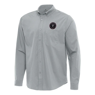 Men's Antigua Gray Inter Miami CF Flight Woven Tri-Blend Long Sleeve Button-Down Shirt