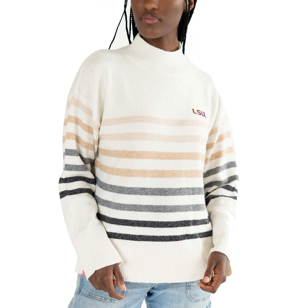 Women's Lusso White LSU Tigers Simone Striple Mock Neck Oversized Pullover Sweater