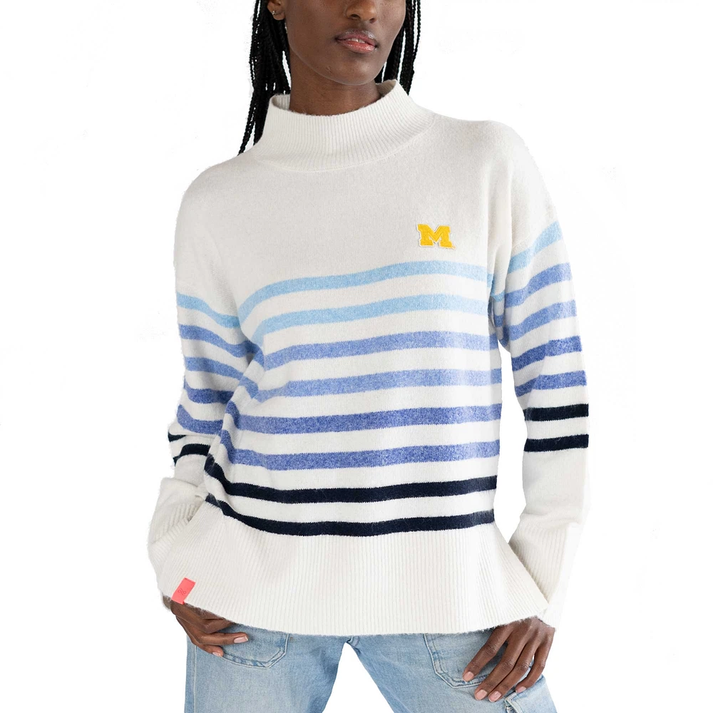 Women's Lusso White Michigan Wolverines Simone Striple Mock Neck Oversized Pullover Sweater