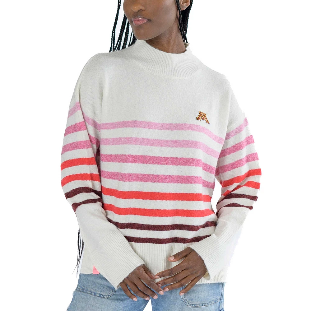 Women's Lusso White Minnesota Golden Gophers Simone Striple Mock Neck Oversized Pullover Sweater