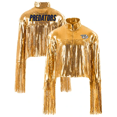 Women's Cuce Gold Nashville Predators Cropped Sequin Fringe Blazer