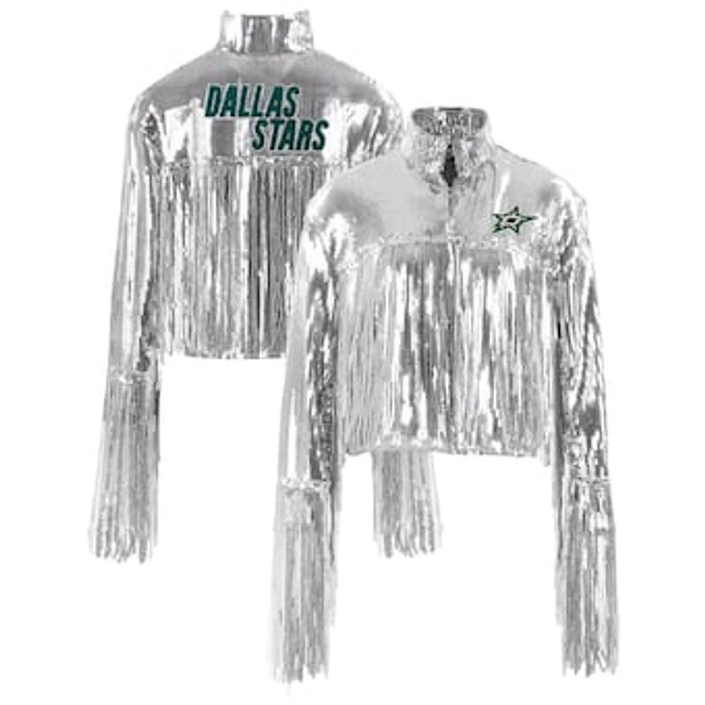 Women's Cuce Silver Dallas Stars Cropped Sequin Fringe Blazer