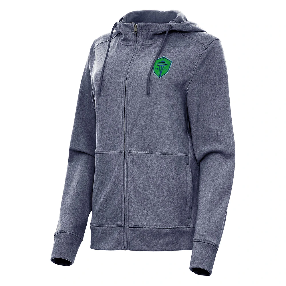 Women's Antigua Heather Navy Seattle Sounders FC Seeker Full-Zip Hoodie