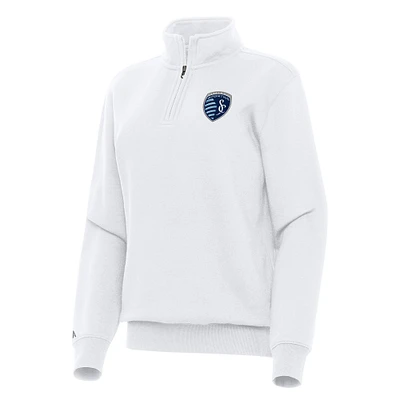 Women's Antigua White Sporting Kansas City Victory Quarter-Zip Pullover Top