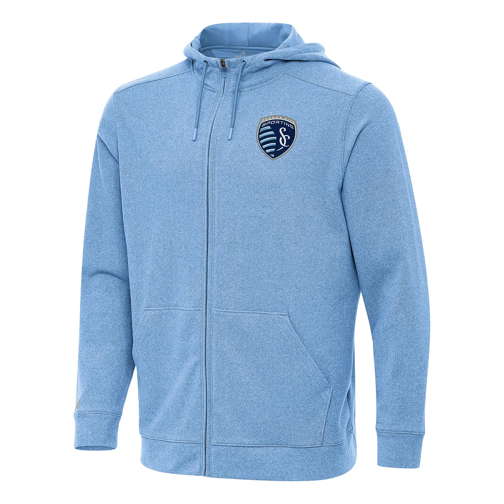 Men's Antigua Heather Sky Blue Sporting Kansas City Effortless Full-Zip Hoodie