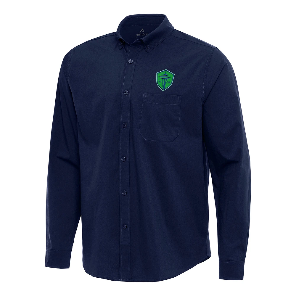 Men's Antigua Navy Seattle Sounders FC Flight Woven Tri-Blend Long Sleeve Button-Down Shirt